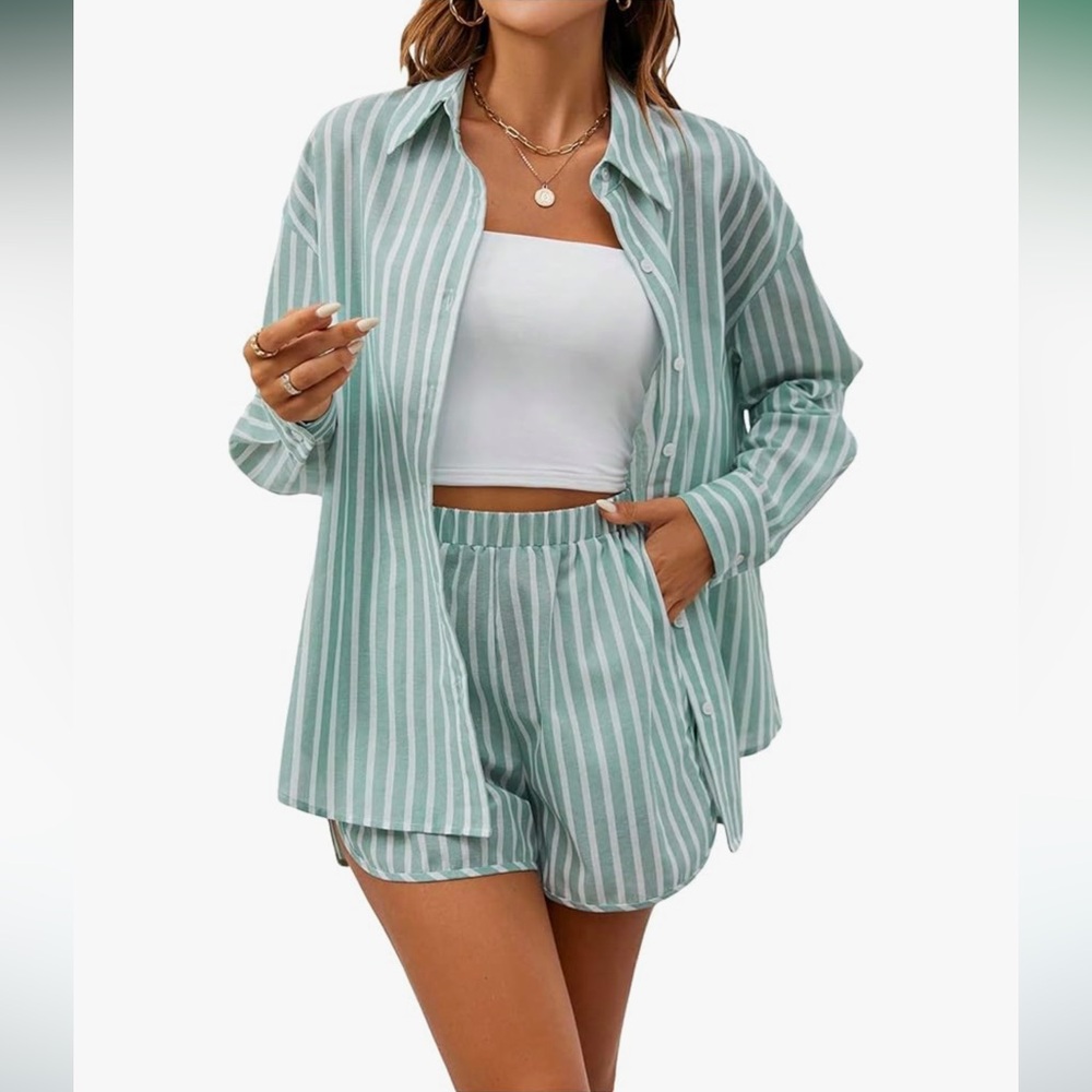 Women’s 2 piece outfit, button down shirt with shorts